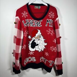 Spencer’s Workshop Light Up Ugly Christmas Sweater “Where My Ho’s At?” w/ Bells